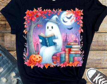 Spooky Ghost Reading PNG, Moonlight Book Lover Design (2 Versions)