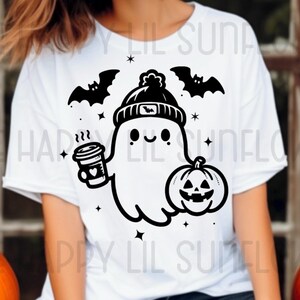 Ghost with Coffee PNG, Cute Halloween Ghost Png, Spooky Shirt Design, Ghost with Pumpkin Svg and PNG, Halloween PNG