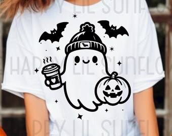 Cute Ghost with Coffee and Pumpkin PNG SVG, Trendy Popular Autumn Design, Halloween Shirt Design