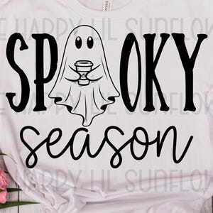 Spooky Season Ghost SVG, Cute Halloween Ghost Png, Spooky Shirt Design, Ghost with Coffee Svg and PNG, Halloween PNG