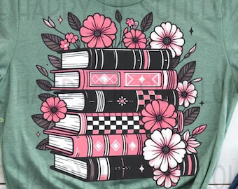 Floral Book Stack PNG, Pink Checkered Design (Digital Download)