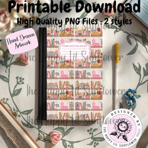 May include: A composition book featuring a repeating pattern of bookshelves filled with colorful books, potted plants, and pink flamingos. The cover has a central white label with the text COMPOSITION BOOK. The notebook has a black spine.
