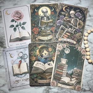May include: Six rectangular cards featuring detailed illustrations of books and skeletons. Labels include THE READER, ROMANCE READER, SMUT READER, FANTASY READER, and ENDLESS TBR. The cards display various floral, celestial, and dark fantasy motifs.