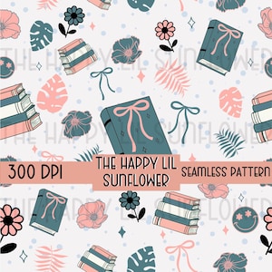 Retro Bookish Seamless Pattern PNG, Bow Repeating Pattern PNG, Cute Bookish Png, Florals and Books Repeating Pattern