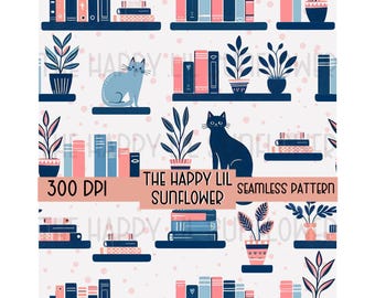 Cats Books Plants Seamless Pattern PNG, Bookish Repeating Fabric Design (300 DPI)
