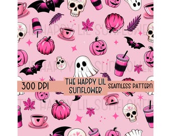 Pink Halloween Seamless Pattern PNG, Spooky Ghosts Repeating Fabric Design (300 DPI)