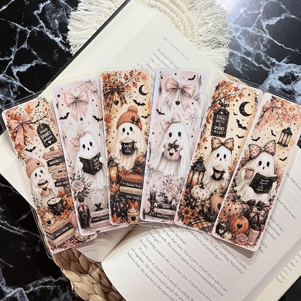 Ghost Bookmarks, Fall Halloween Bookmarks, Cozy Spooky Reading Gift, Pink Ghost Bookish Accessories, Laminated Bookmark Set