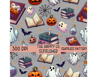 Spooky Ghosts Books Seamless Pattern PNG, Fall Halloween Reader Fabric Design (PNG 300 DPI)