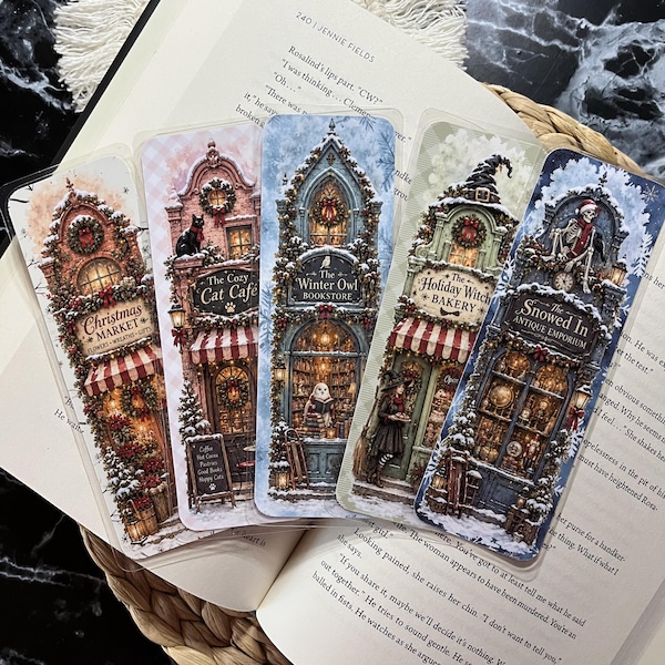 Christmas Bookmarks Set, Cozy Winter Bookshop, Whimsical Holiday Bookmarks, Laminated Book Lover Gift, Christmas Reading Accessories 2x6