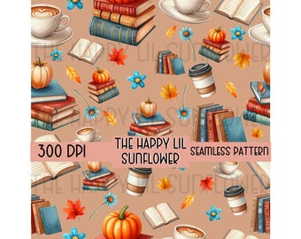 Fall Leaves Books Seamless Pattern PNG, Autumn Reading Coffee Fabric Design (PNG 300 DPI)