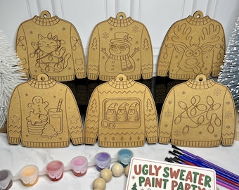 Ugly Sweater Ornament Paint Party Kit for 6, Wood Christmas Craft Set with Paint, Brushes, Hanging String & Voting Tokens