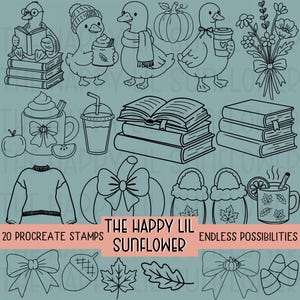 May include: A digital collection of 20 black and white line art stamps featuring ducks, books, pumpkins, sweaters, slippers, mugs, and autumn leaves. The text reads THE HAPPY LIL SUNFLOWER, 20 PROCREATE STAMPS, and ENDLESS POSSIBILITIES.
