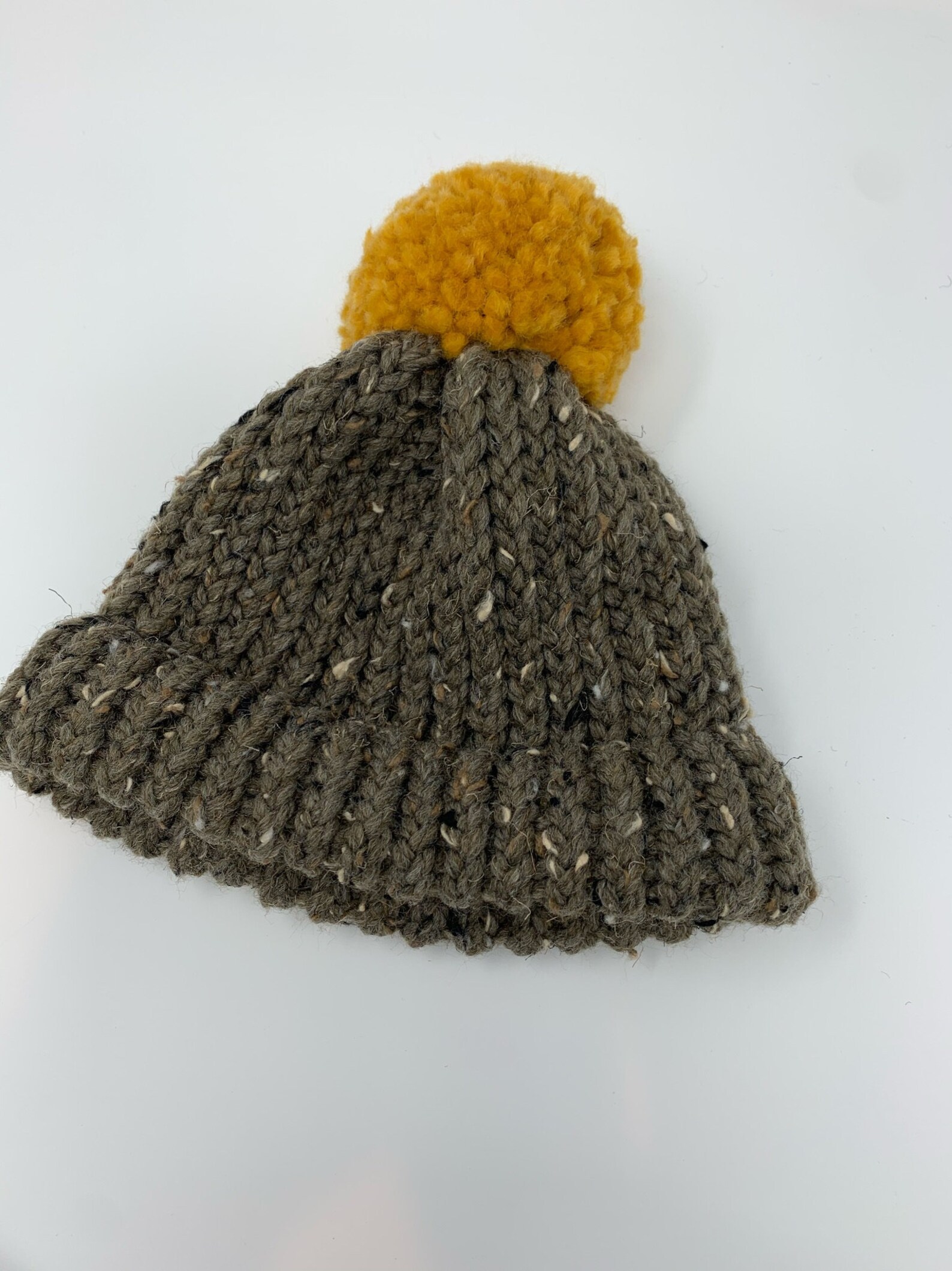 Brown Knit Hat with Mustard Pom and Double Layer Brim Wool | Etsy