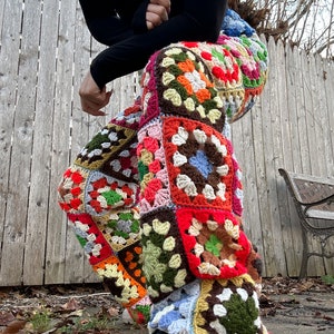 Crochet Granny Square Upcycled Flare Pants: Hippie Festival Wear