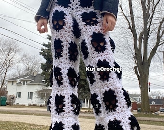 Check measurements. Crochet inverted white w black skull granny square pinterest  wide trouser  pants hippie psychedelic pants trendy