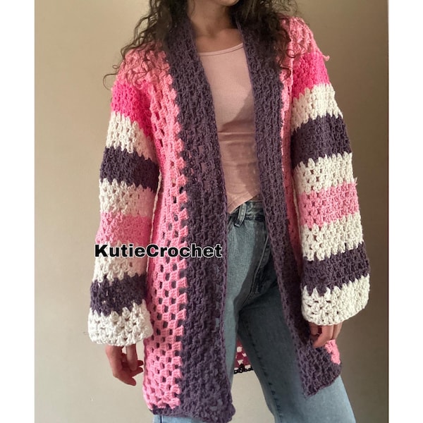 Crochet pink white purple stripe wide sleeve dami un baccio duster top hippie cardigan  sweater   cardi handmade  love, rave  gift