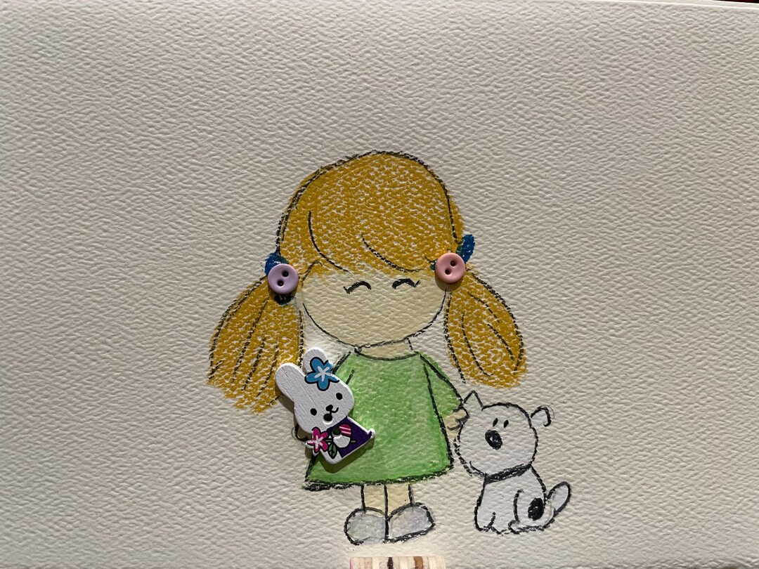 Hand-drawn Embellished Little Girl With Dog Blank Greeting Card ...