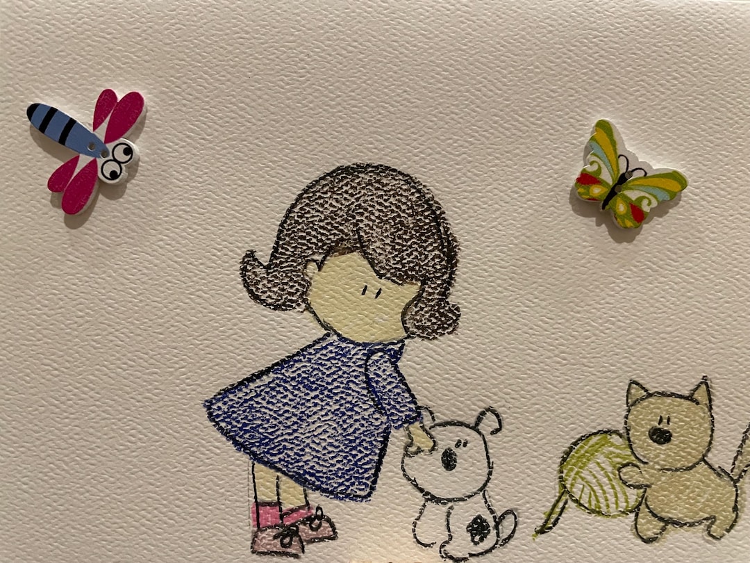 Hand-drawn Embellished Little Girl With Dog and Cat Blank Greeting Card ...