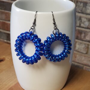 Fun Blue Stretchy Plastic Coil Wire Dangle Earrings