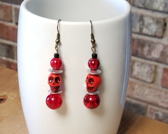 Red Glass Bead and Skull Dangle Earrings