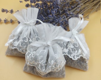 Lavender Sachets - Set of 3 White Lace Sachets filled with dried lavender, Wedding Sachet Bags, Bridal Showers, Wedding Favors, Party Favors