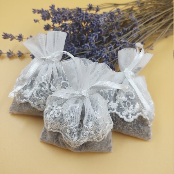 Lavender Sachets - Set of 3 White Lace Sachets filled with dried lavender, Wedding Sachet Bags, Bridal Showers, Wedding Favors, Party Favors