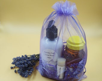 Gift Set - 3 items - Raw Honey Bear - 8 oz., Lavender Hand Lotion, Lavender Lip Balm, Gift set for friend, neighbor, hostess, sympathy gift