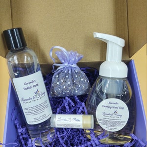 Lavender Gift Box - 4 items - Lavender Bubble Bath, Lavender Foaming Hand Soap, Lavender Sachet, Lavender Lip Balm, Bath and Body Gift Set