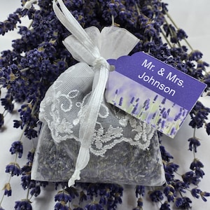 Personalized Lavender Sachets - White Lace Sachets filled with dried lavender, Wedding Sachet Bags, Bridal Showers, Wedding Favors