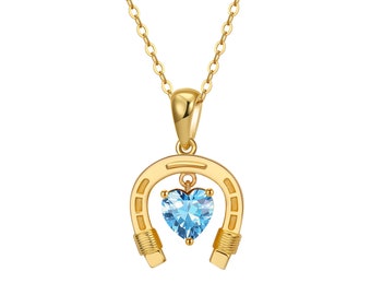 SALE Horseshoe Aquamarine Heart Necklace: 18k Gold Over Sterling Silver, March Birthstone