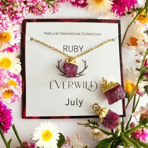 May include: A gold chain necklace with a ruby gemstone pendant. The necklace is displayed on a white card with the text "Natural Gemstone Collection", "RUBY", "EVERWILD", and "July".