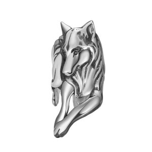 May include: A silver wolf ring with a detailed design. The wolf is depicted in a curled position with its head turned to the side.