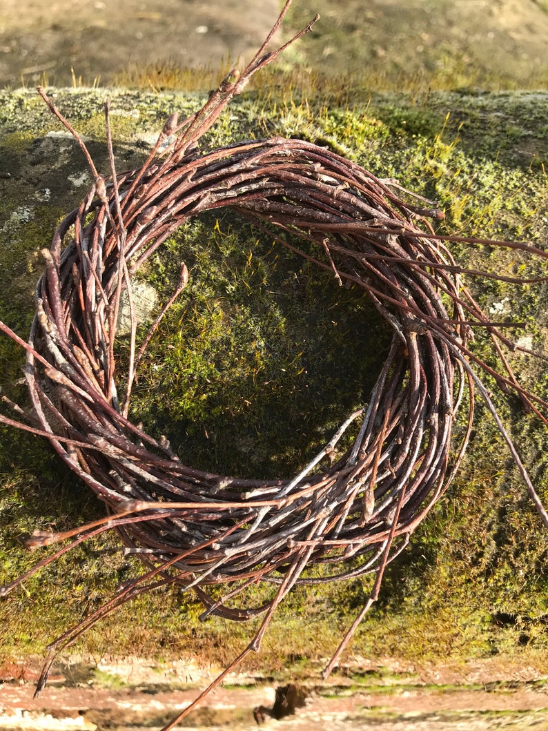 May include: A brown twig wreath, woven into a circle shape, sits on a bed of green moss.