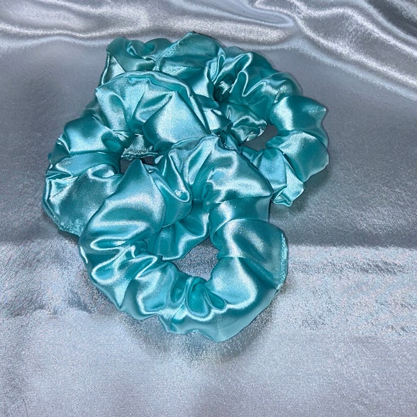 Soft Shiny Aqua Blue Satin Hair Scrunchie, Retro Fluffy 80s 90s Style, Accessory Set