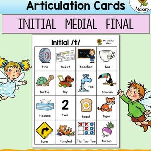 Op de afbeelding: Een set /T/ klankarticulatiekaarten met een raster van zestien illustraties met labels waaronder tire, ticket, teacher, tea, turtle, toy, tap, toucan, tissues, two, toast, tiger, turn, tangled, Tic Tac Toe en turnip met twee feeën.