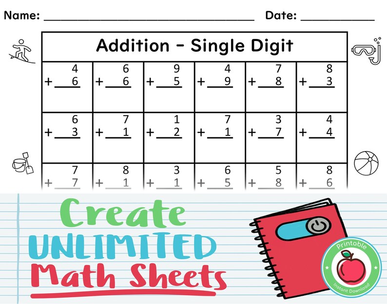 unlimited printable math worksheets 50 instant download etsy