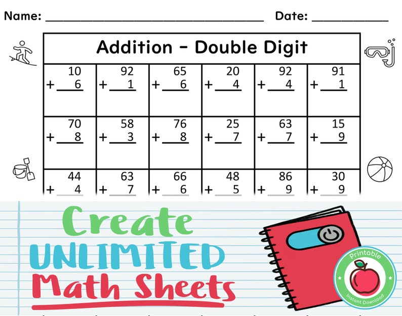 unlimited printable math worksheets 50 instant download etsy