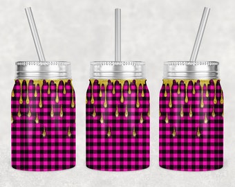 May include: Three stainless steel tumblers with lids and straws. The tumblers are wrapped in a pink and black plaid pattern with gold glitter dripping down the sides.