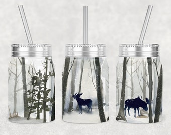 17 oz Mason Jar Tumbler Sublimation Plantilla de diseño Moose Elk Snow Forest Trees Diseño Digital Instant Download PNG