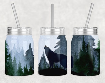 Diseño de sublimación para vaso Mason Jar con lobo aullando en el bosque (descarga digital)