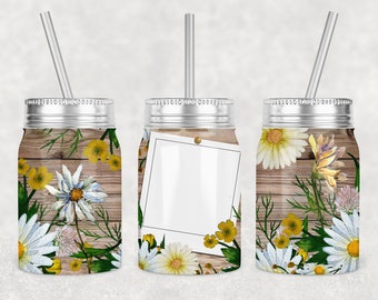 Diseño de sublimación para vaso Mason Jar con margaritas (descarga digital)