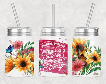 Diseño de sublimación para vaso Mason Jar: Girasol y mariposa PNG (descarga digital)
