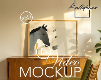 Maqueta de videowall con marco horizontal (PSD) para interiores de mediados de siglo