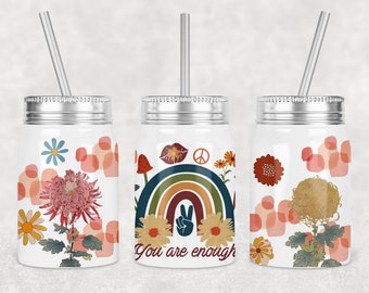 Diseño de sublimación para vaso Mason Jar con diseño floral arcoíris (descarga digital)