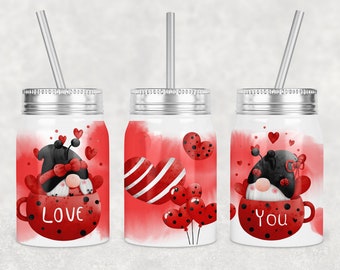 Diseño de sublimación para vaso Mason Jar con corazones de gnomos (descarga digital PNG)