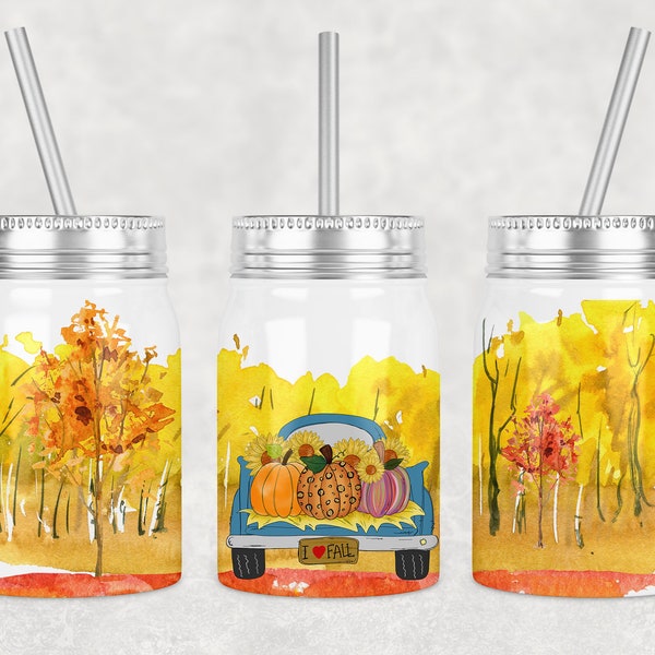 17 oz Mason Jar Tumbler Sublimation Design Template I Love Fall Pumpkin Truck Autumn Farm Design Digital Instant Download PNG