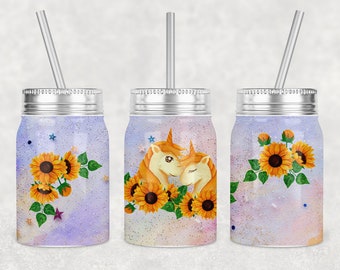 17 oz Mason Jar Tumbler Sublimation Plantilla de diseño Unicorn Sunflowers Digital Instant Download PNG