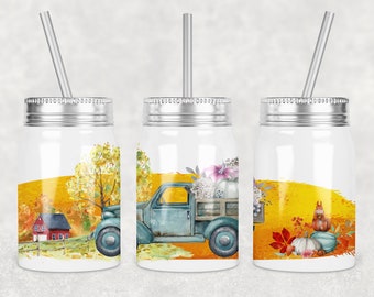 Peut inclure: Trois gobelets en acier inoxydable avec couvercles et pailles. Chaque gobelet présente un motif automnal différent avec un camion vintage, des citrouilles et des feuilles d'automne. Les motifs sont peints dans un style aquarelle sur un fond blanc avec un accent jaune.