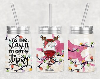 17 oz Mason Jar Tumbler Sublimación Diseño Plantilla de diseño Temporada de Navidad Luces de copa de vino Diseño Digital Descargar PNG