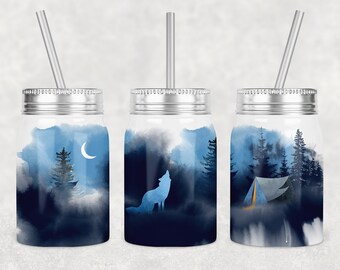 Diseño de sublimación para vaso Mason Jar de Wolf Camp, bosque invernal en acuarela (descarga digital)